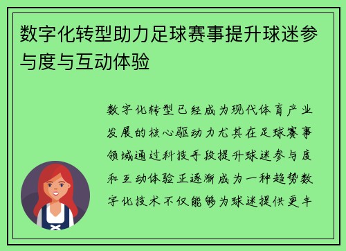 数字化转型助力足球赛事提升球迷参与度与互动体验