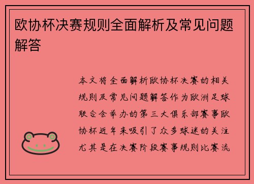 欧协杯决赛规则全面解析及常见问题解答