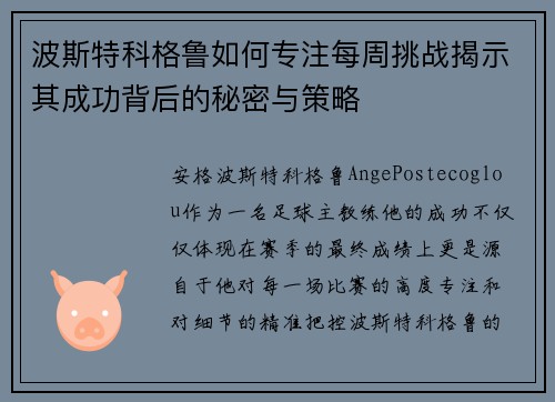 波斯特科格鲁如何专注每周挑战揭示其成功背后的秘密与策略 波斯特科格鲁如何专注每周挑战揭示其成功背后的秘密与策略