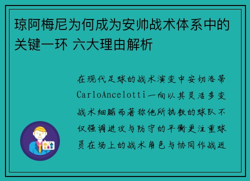 琼阿梅尼为何成为安帅战术体系中的关键一环 六大理由解析