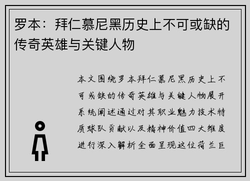 罗本:拜仁慕尼黑历史上不可或缺的传奇英雄与关键人物 罗本:拜仁慕尼黑历史上不可或缺的传奇英雄与关键人物