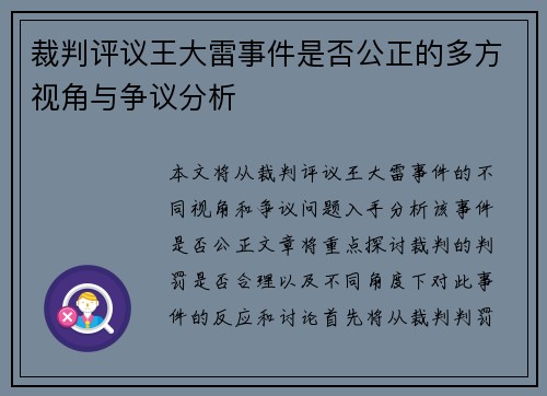 裁判评议王大雷事件是否公正的多方视角与争议分析